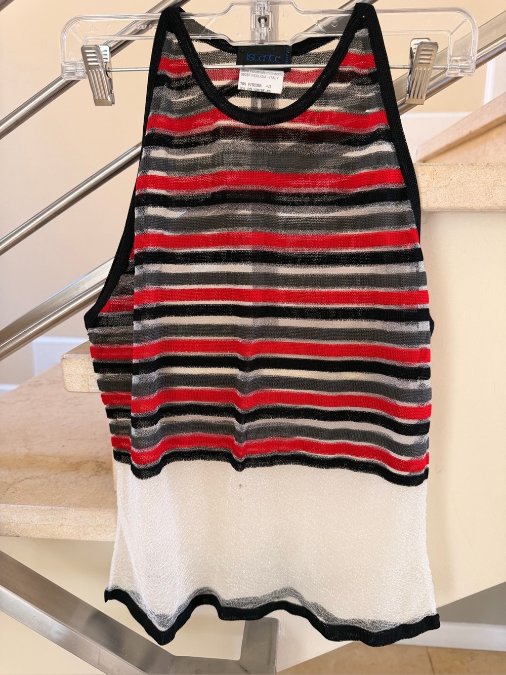 Vintage Striped Red Black White Tank Top with White Panel